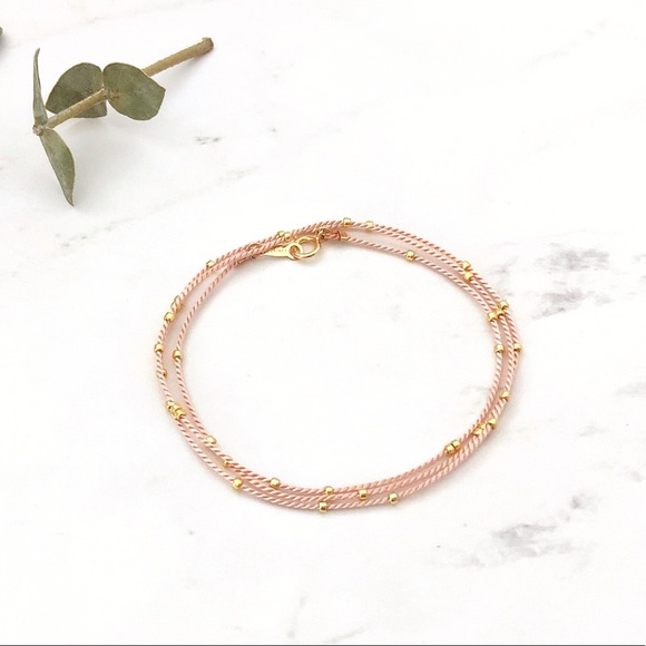 tiny gold beaded silk wrap cord stacking bracelet - Picture 3 of 7